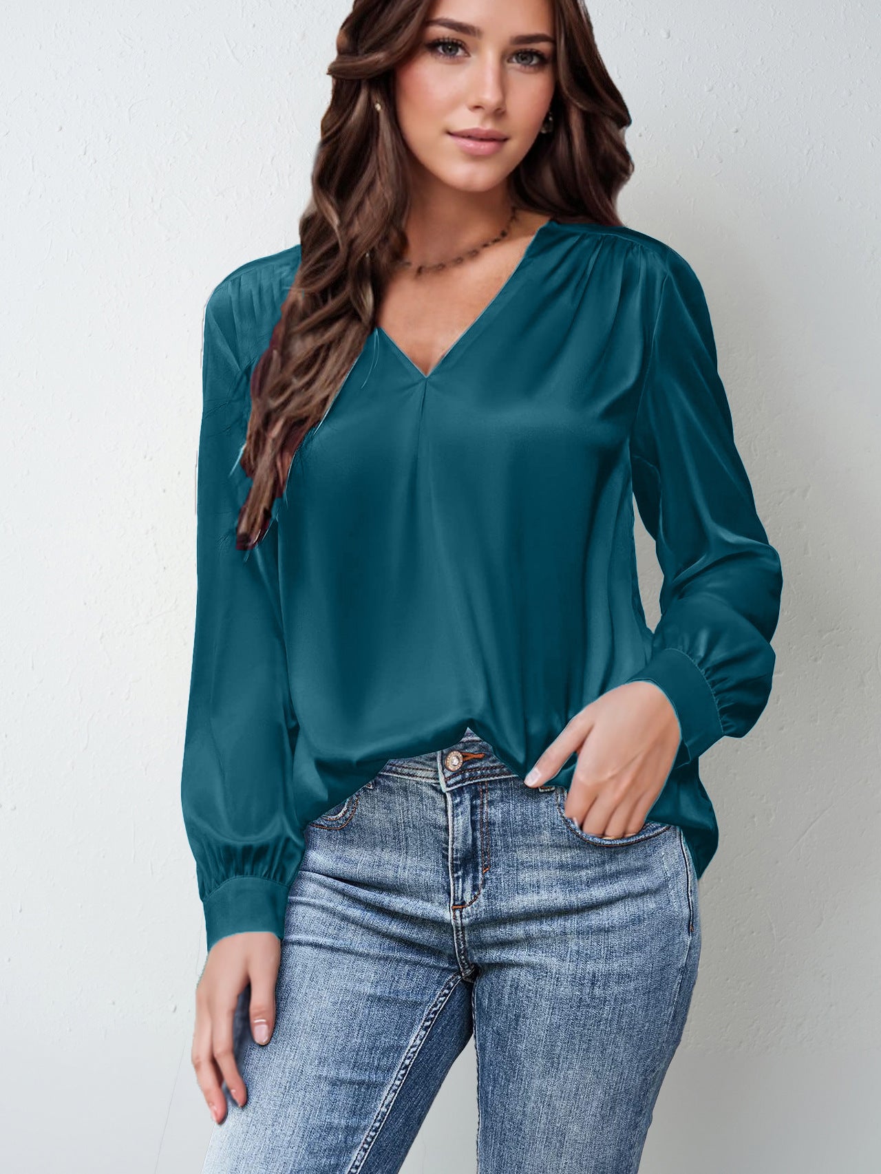 Satin Silk pretty Elegant Pleated Long-sleeved Top V-neck Casual Loose Shirt blouse tunic top shirt