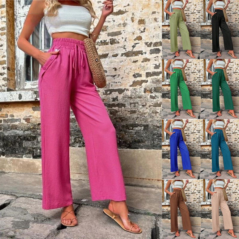 New Spring Summer Casual Pants With Pockets Elastic Drawstring High Waist Loose Trousers For Women