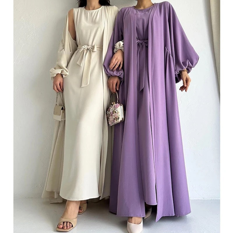 Women's Fashion Modest Muslim Dress Lace-up Waist-controlled Baggy Long dress with overcoat