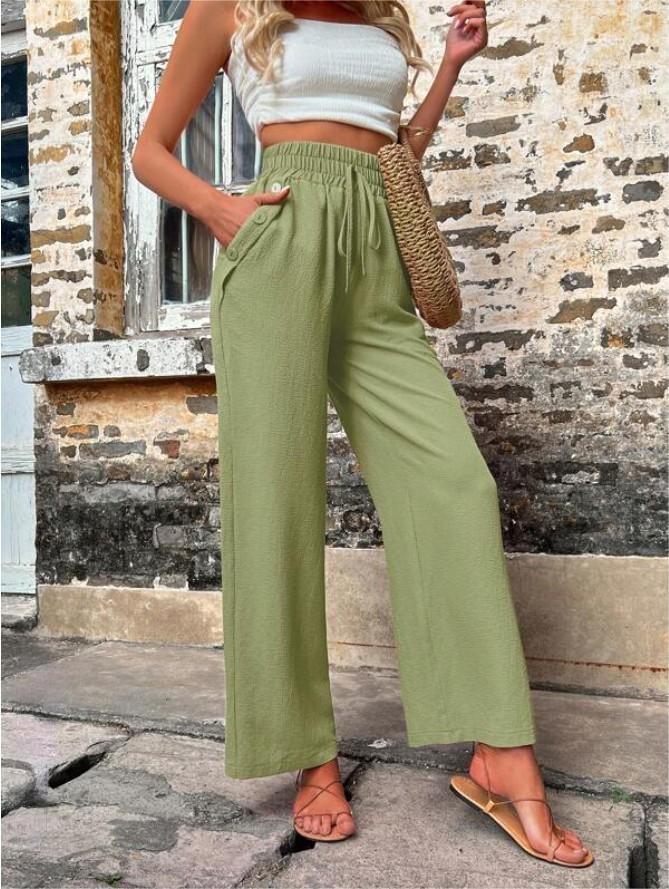 New Spring Summer Casual Pants With Pockets Elastic Drawstring High Waist Loose Trousers For Women