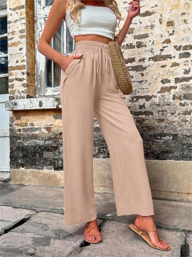 New Spring Summer Casual Pants With Pockets Elastic Drawstring High Waist Loose Trousers For Women