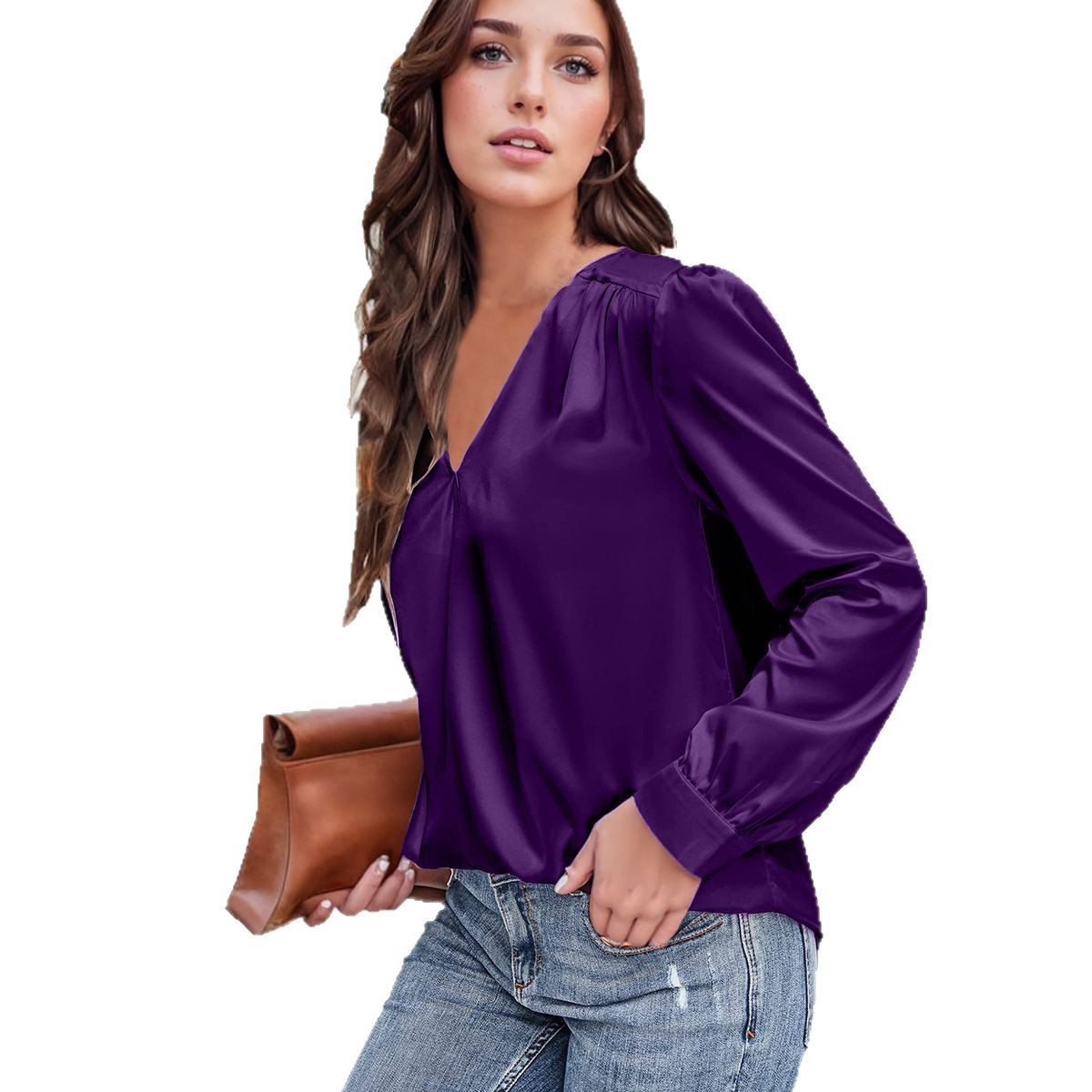 Satin Silk pretty Elegant Pleated Long-sleeved Top V-neck Casual Loose Shirt blouse tunic top shirt