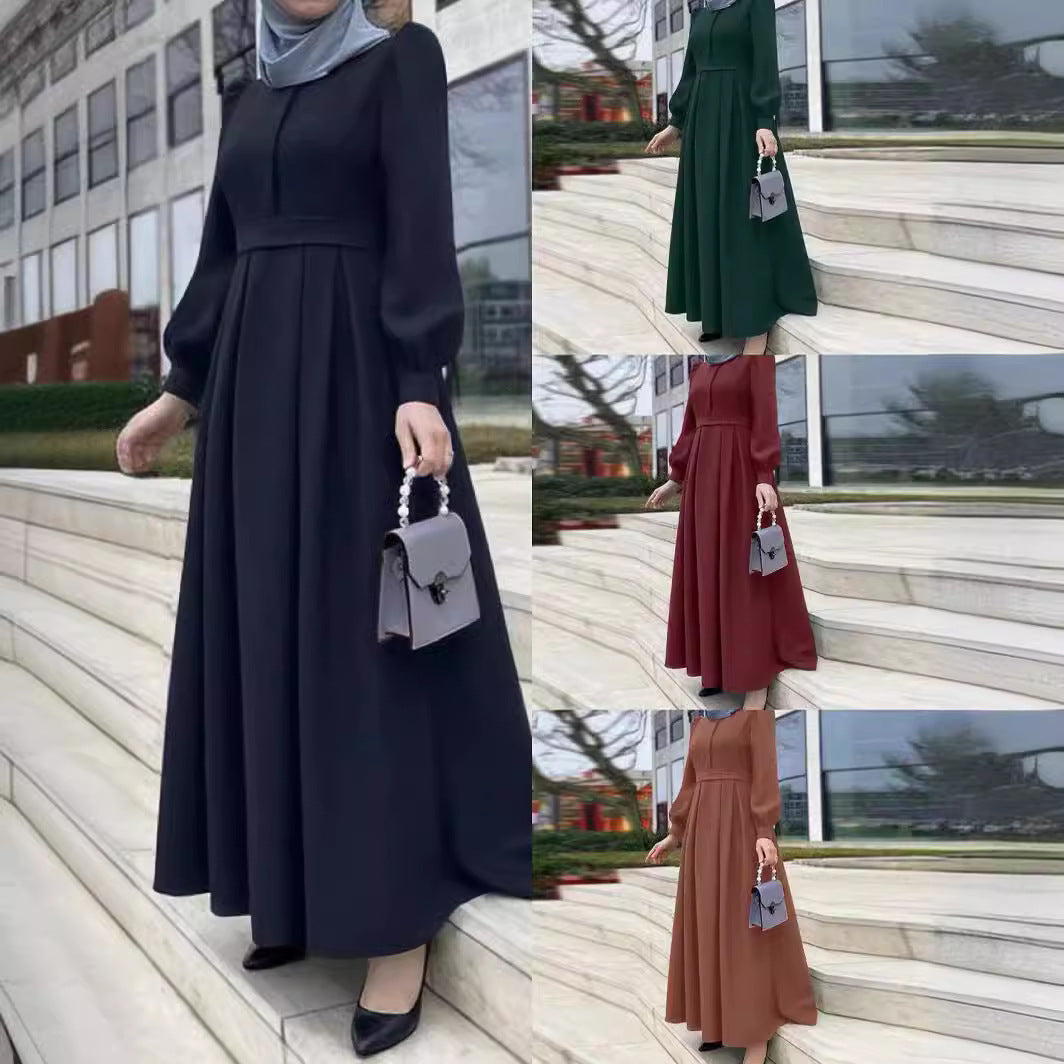 Casual Formal Loose Solid Colour Belted Zipper Muslim Long Dress ramadan abaya