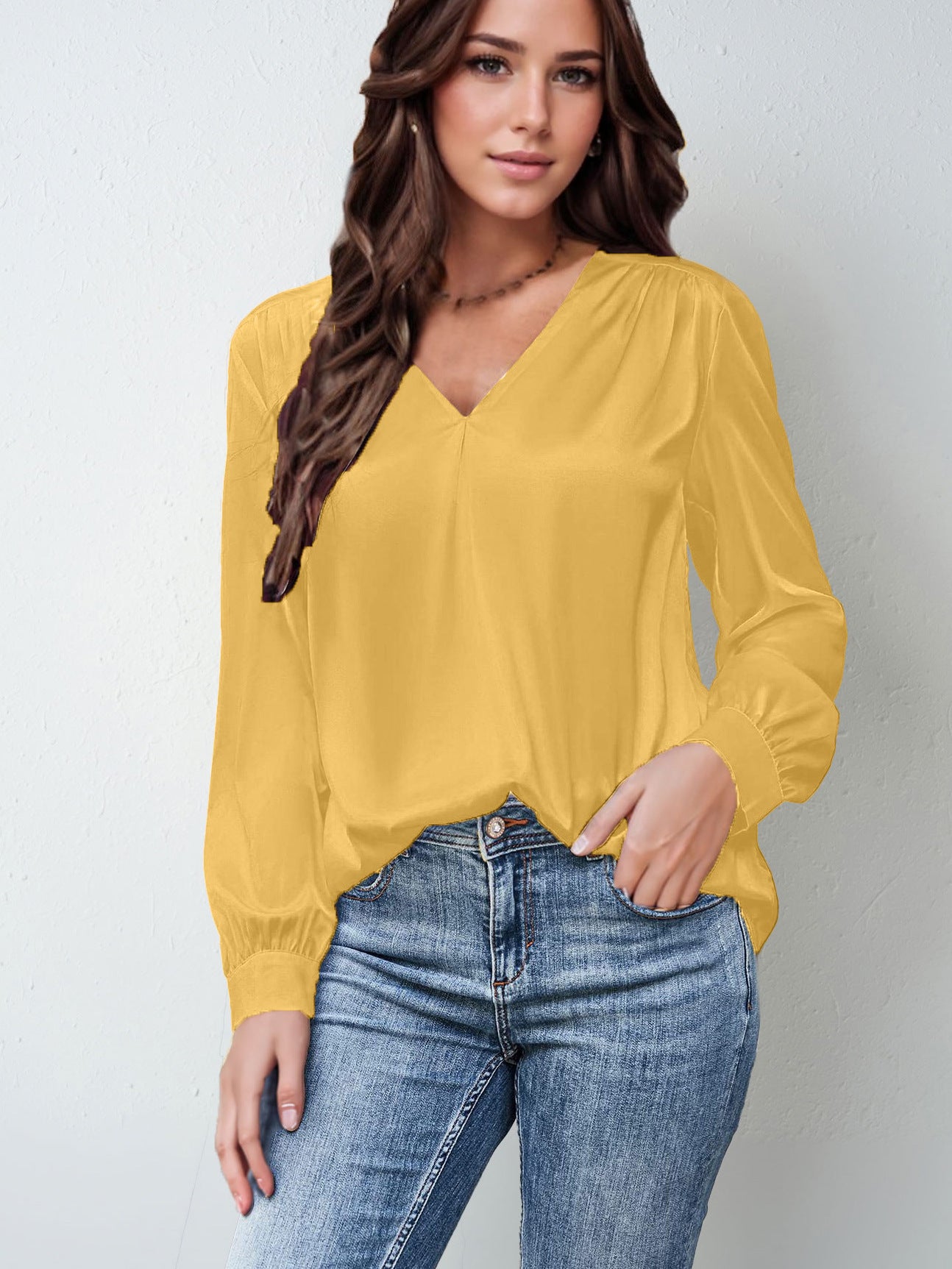 Satin Silk pretty Elegant Pleated Long-sleeved Top V-neck Casual Loose Shirt blouse tunic top shirt