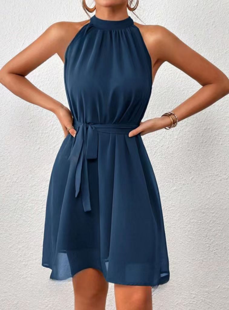 European And American Strapless Solid Color Chiffon High Waist Lace-up Dress Women
