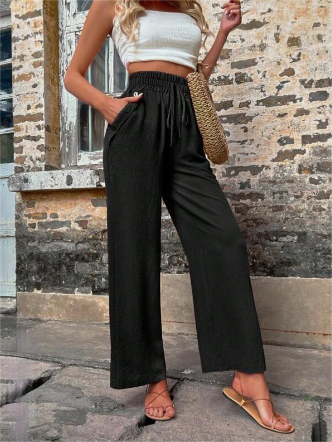 New Spring Summer Casual Pants With Pockets Elastic Drawstring High Waist Loose Trousers For Women