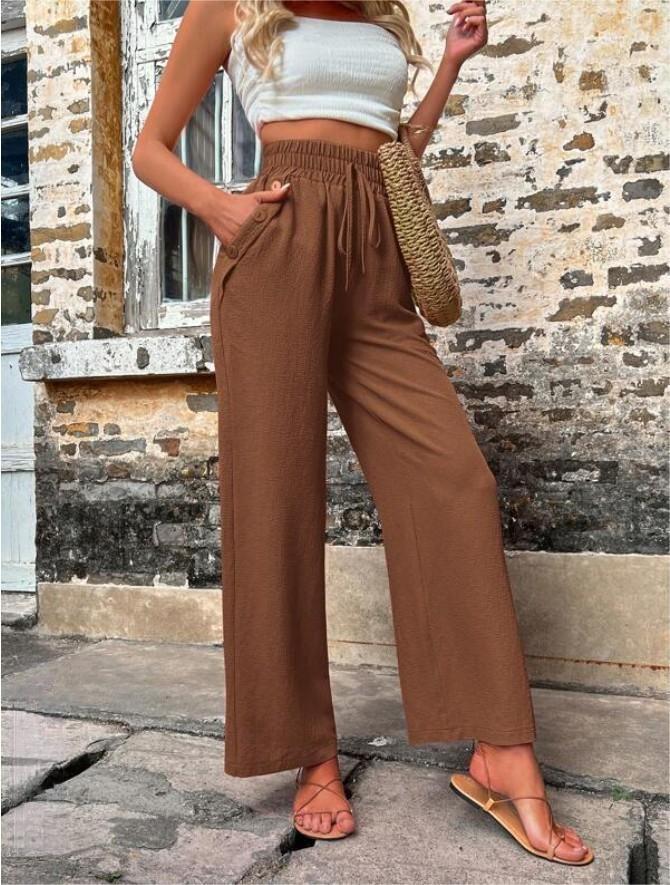 New Spring Summer Casual Pants With Pockets Elastic Drawstring High Waist Loose Trousers For Women