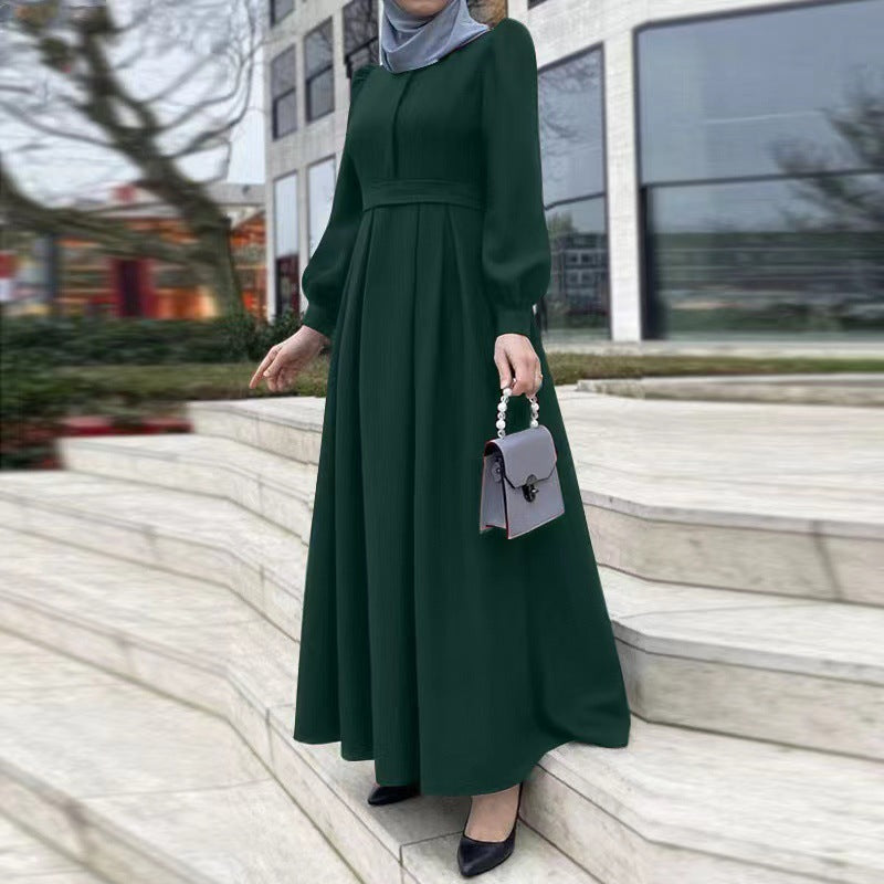 Casual Formal Loose Solid Colour Belted Zipper Muslim Long Dress ramadan abaya