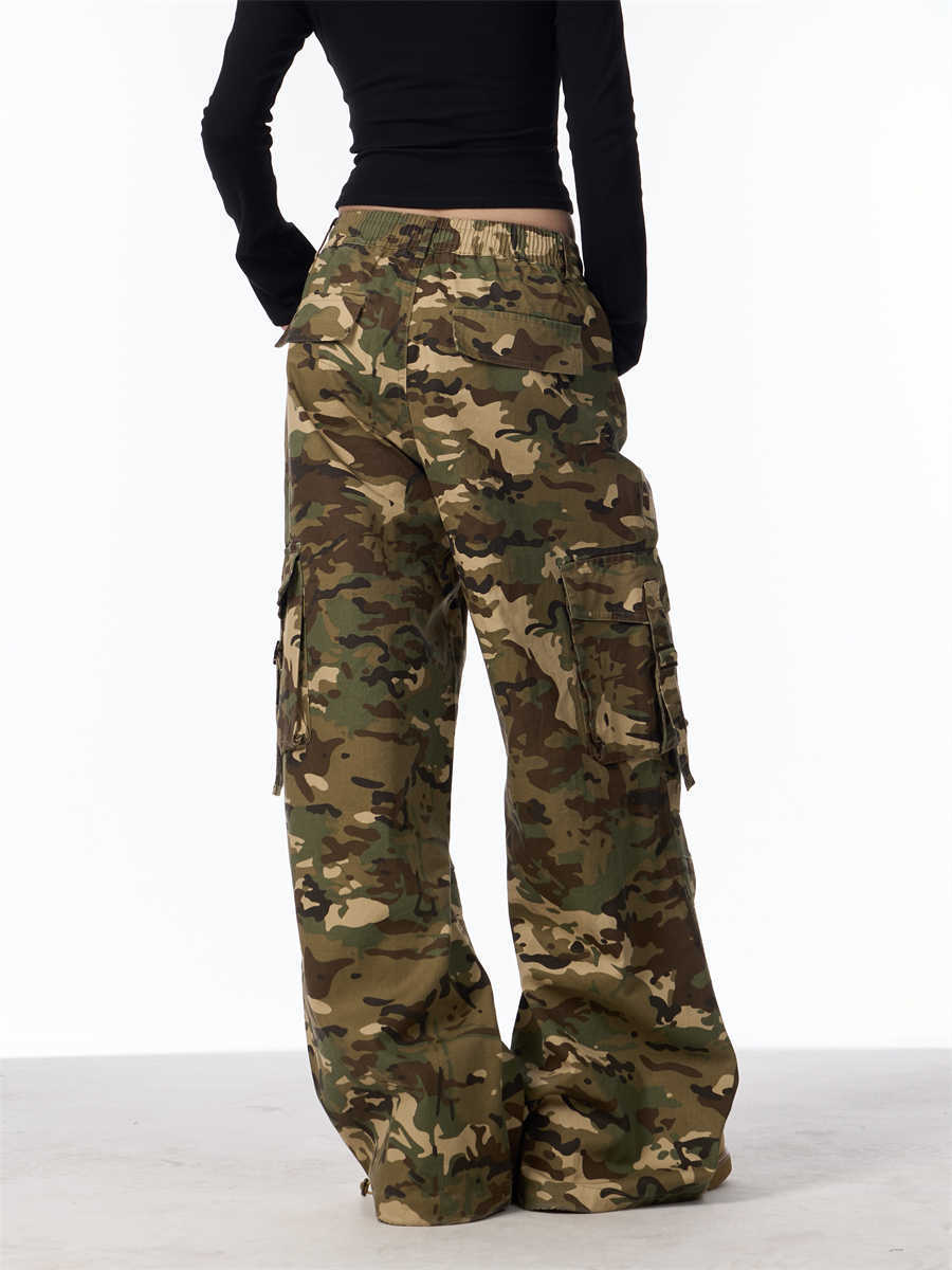 Washed Camouflage Cargo Pants Women's Loose Casual Multi-pocket Trousers