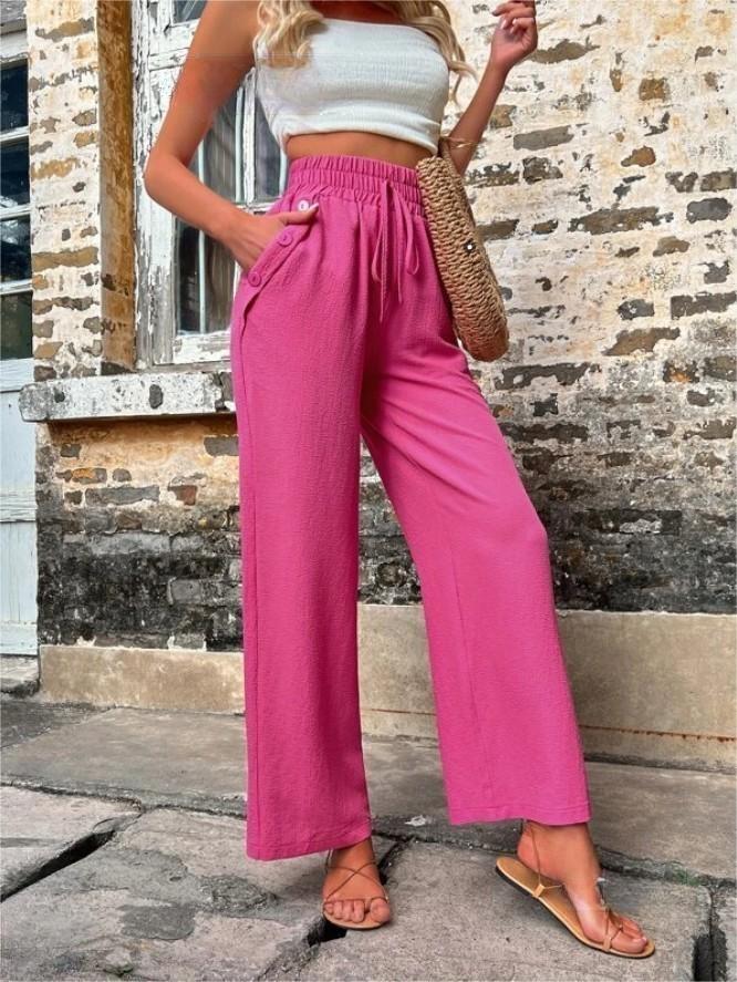 New Spring Summer Casual Pants With Pockets Elastic Drawstring High Waist Loose Trousers For Women