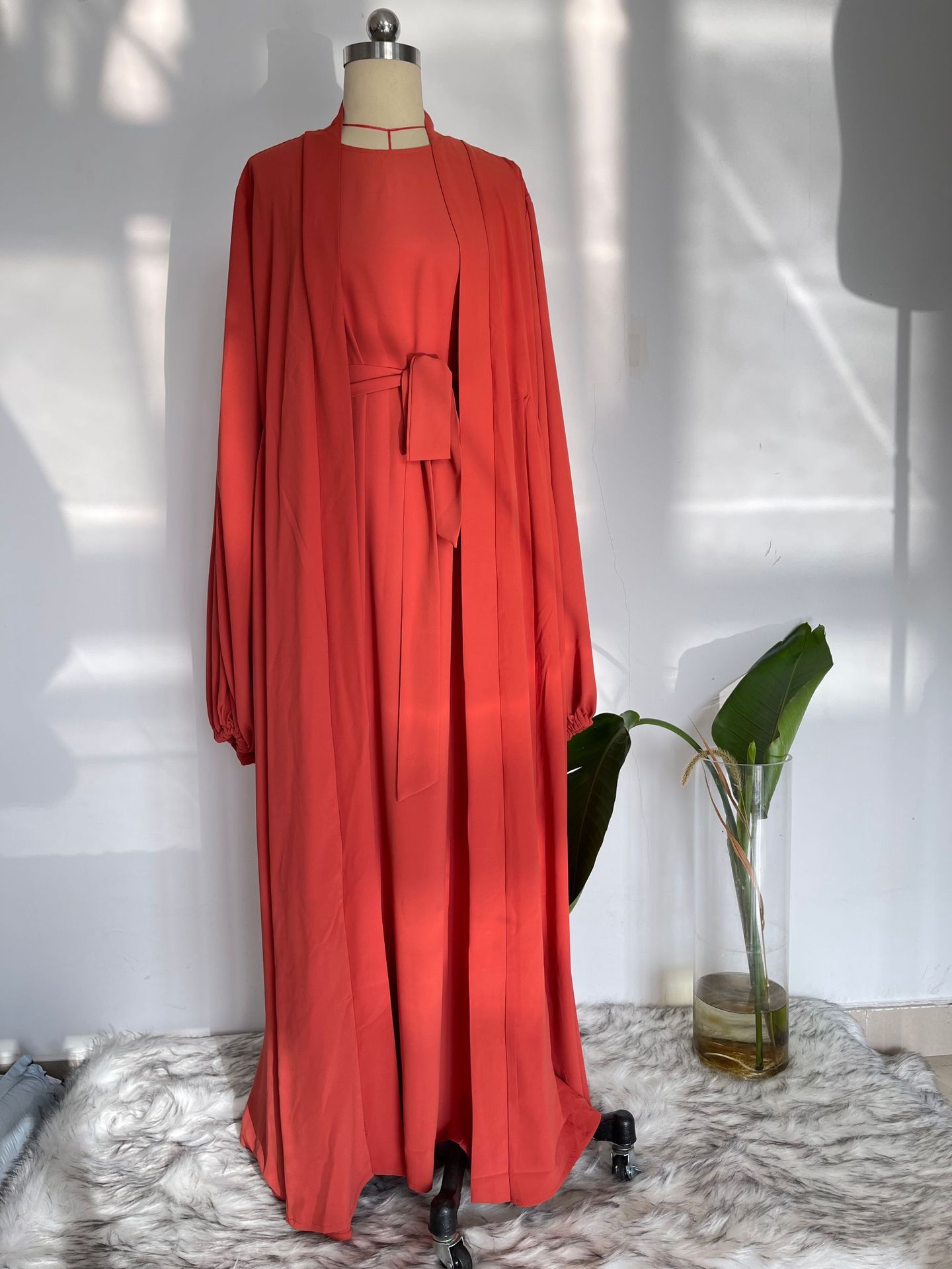 Women's Fashion Modest Muslim Dress Lace-up Waist-controlled Baggy Long dress with overcoat