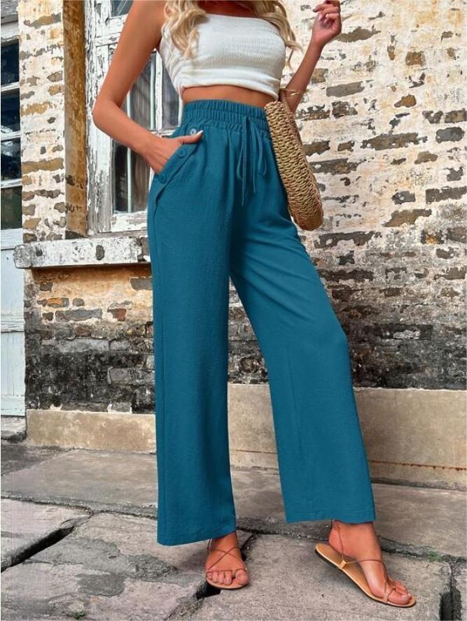 New Spring Summer Casual Pants With Pockets Elastic Drawstring High Waist Loose Trousers For Women