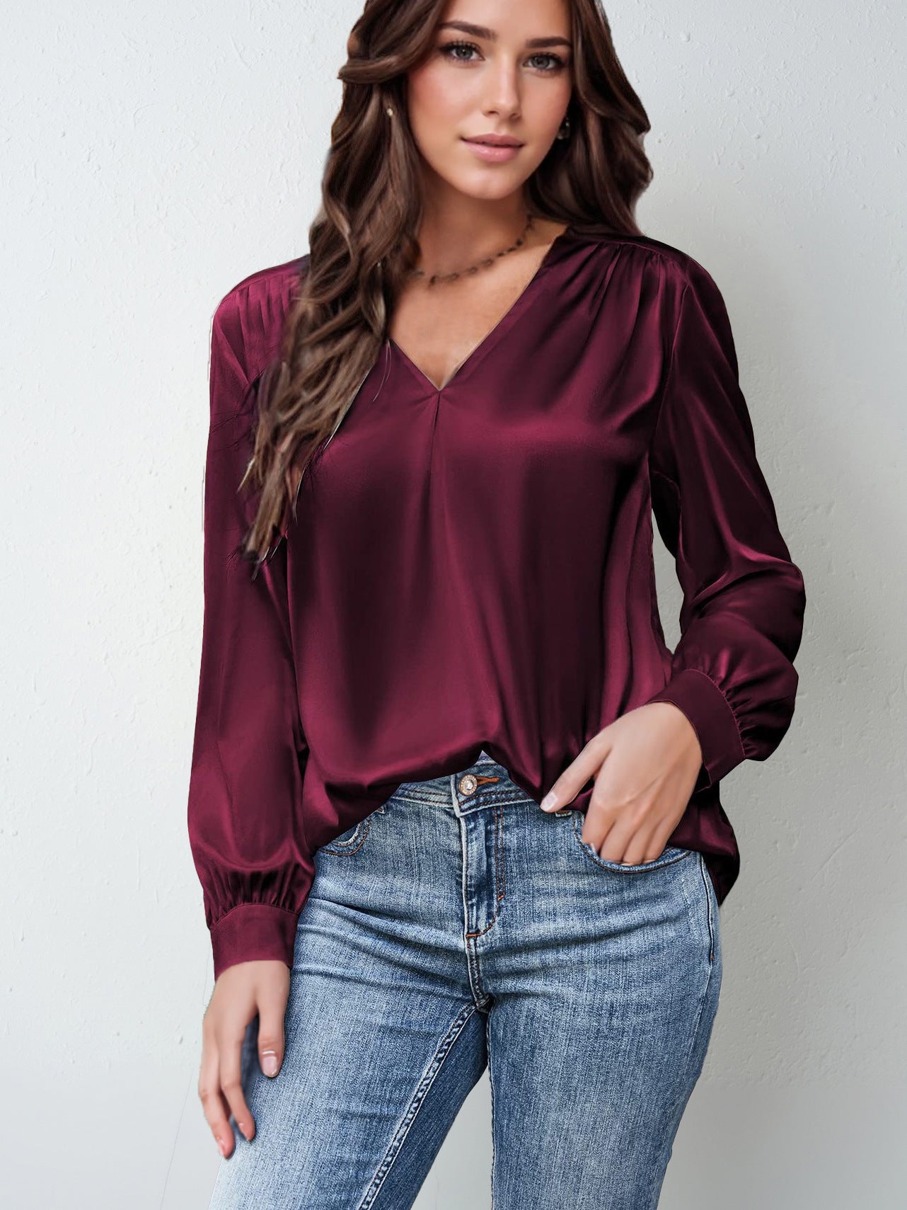 Satin Silk pretty Elegant Pleated Long-sleeved Top V-neck Casual Loose Shirt blouse tunic top shirt
