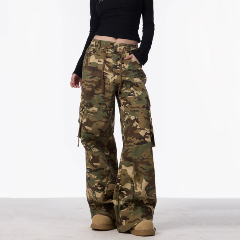 Washed Camouflage Cargo Pants Women's Loose Casual Multi-pocket Trousers