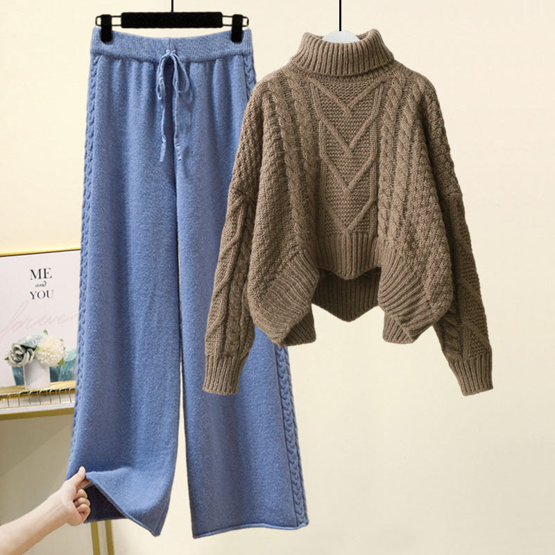 Women’s 2-Piece Turtleneck Knitted-Style Sweater & Wide Leg Pants Set – Chenille Blend Turtleneck Pullover Design Sensory Wide Leg Pants Suit set