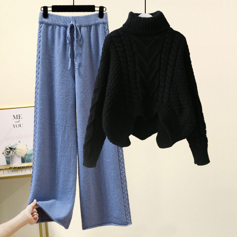 Women’s 2-Piece Turtleneck Knitted-Style Sweater & Wide Leg Pants Set – Chenille Blend Turtleneck Pullover Design Sensory Wide Leg Pants Suit set