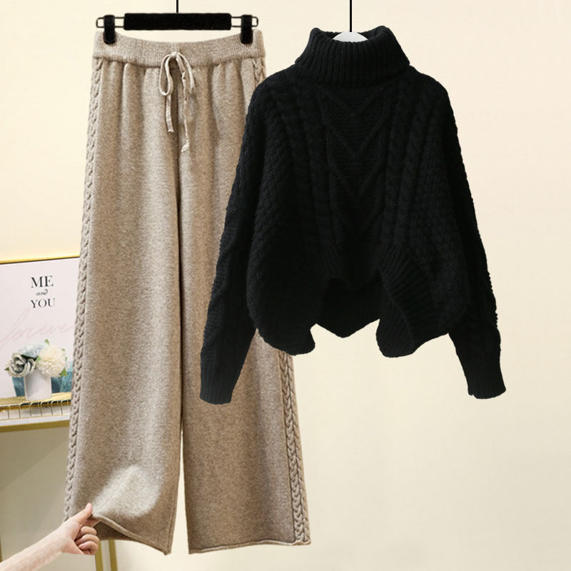 Women’s 2-Piece Turtleneck Knitted-Style Sweater & Wide Leg Pants Set – Chenille Blend Turtleneck Pullover Design Sensory Wide Leg Pants Suit set