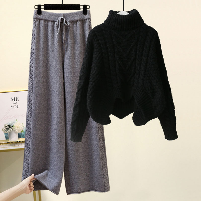 Women’s 2-Piece Turtleneck Knitted-Style Sweater & Wide Leg Pants Set – Chenille Blend Turtleneck Pullover Design Sensory Wide Leg Pants Suit set