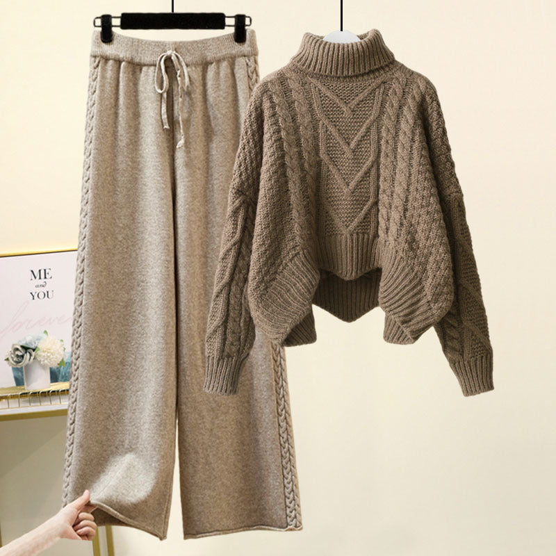 Women’s 2-Piece Turtleneck Knitted-Style Sweater & Wide Leg Pants Set – Chenille Blend Turtleneck Pullover Design Sensory Wide Leg Pants Suit set