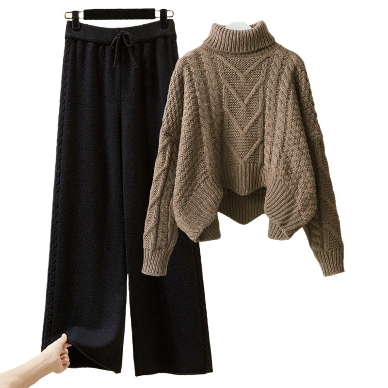 Women’s 2-Piece Turtleneck Knitted-Style Sweater & Wide Leg Pants Set – Chenille Blend Turtleneck Pullover Design Sensory Wide Leg Pants Suit set