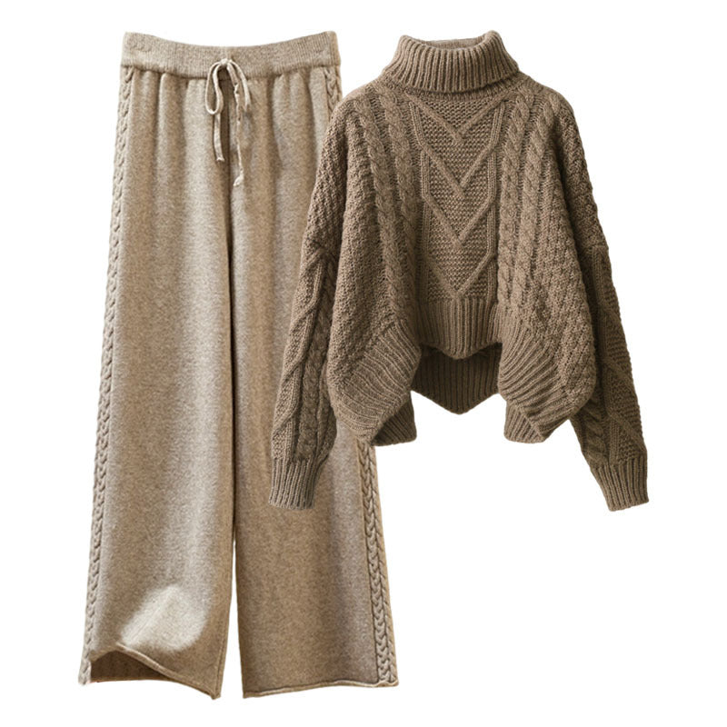 Women’s 2-Piece Turtleneck Knitted-Style Sweater & Wide Leg Pants Set – Chenille Blend Turtleneck Pullover Design Sensory Wide Leg Pants Suit set