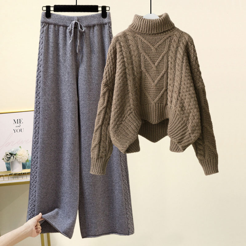 Women’s 2-Piece Turtleneck Knitted-Style Sweater & Wide Leg Pants Set – Chenille Blend Turtleneck Pullover Design Sensory Wide Leg Pants Suit set