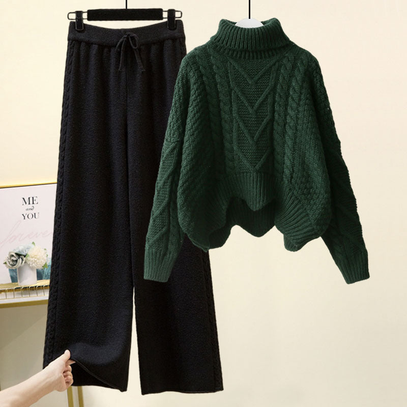 Women’s 2-Piece Turtleneck Knitted-Style Sweater & Wide Leg Pants Set – Chenille Blend Turtleneck Pullover Design Sensory Wide Leg Pants Suit set