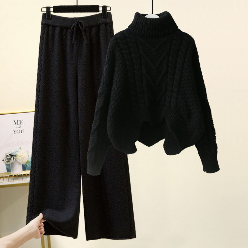Women’s 2-Piece Turtleneck Knitted-Style Sweater & Wide Leg Pants Set – Chenille Blend Turtleneck Pullover Design Sensory Wide Leg Pants Suit set