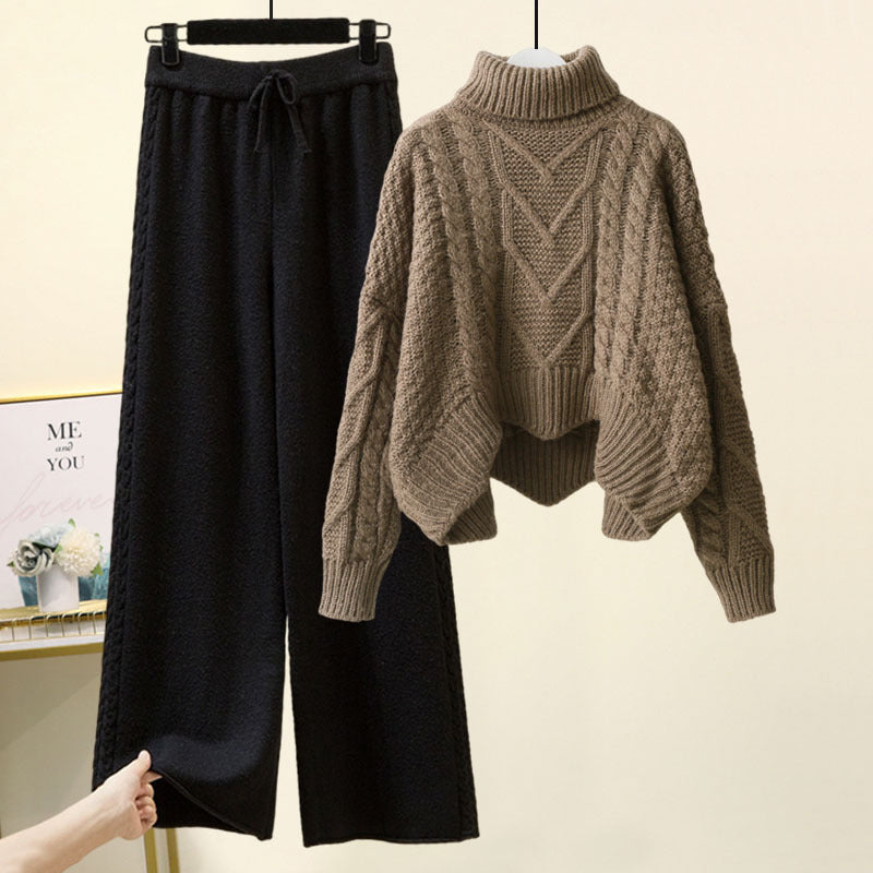 Women’s 2-Piece Turtleneck Knitted-Style Sweater & Wide Leg Pants Set – Chenille Blend Turtleneck Pullover Design Sensory Wide Leg Pants Suit set