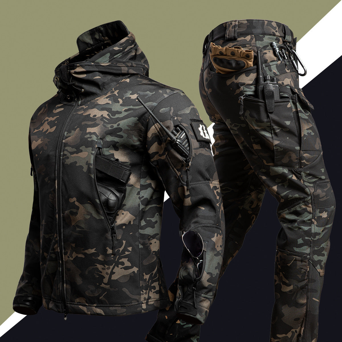 Camouflage Winter Outdoors Shell Jacket Suit For Men - Tactical Winter Set Men's Outdoor Windproof Waterproof Suit Multi-Pocket pant UK