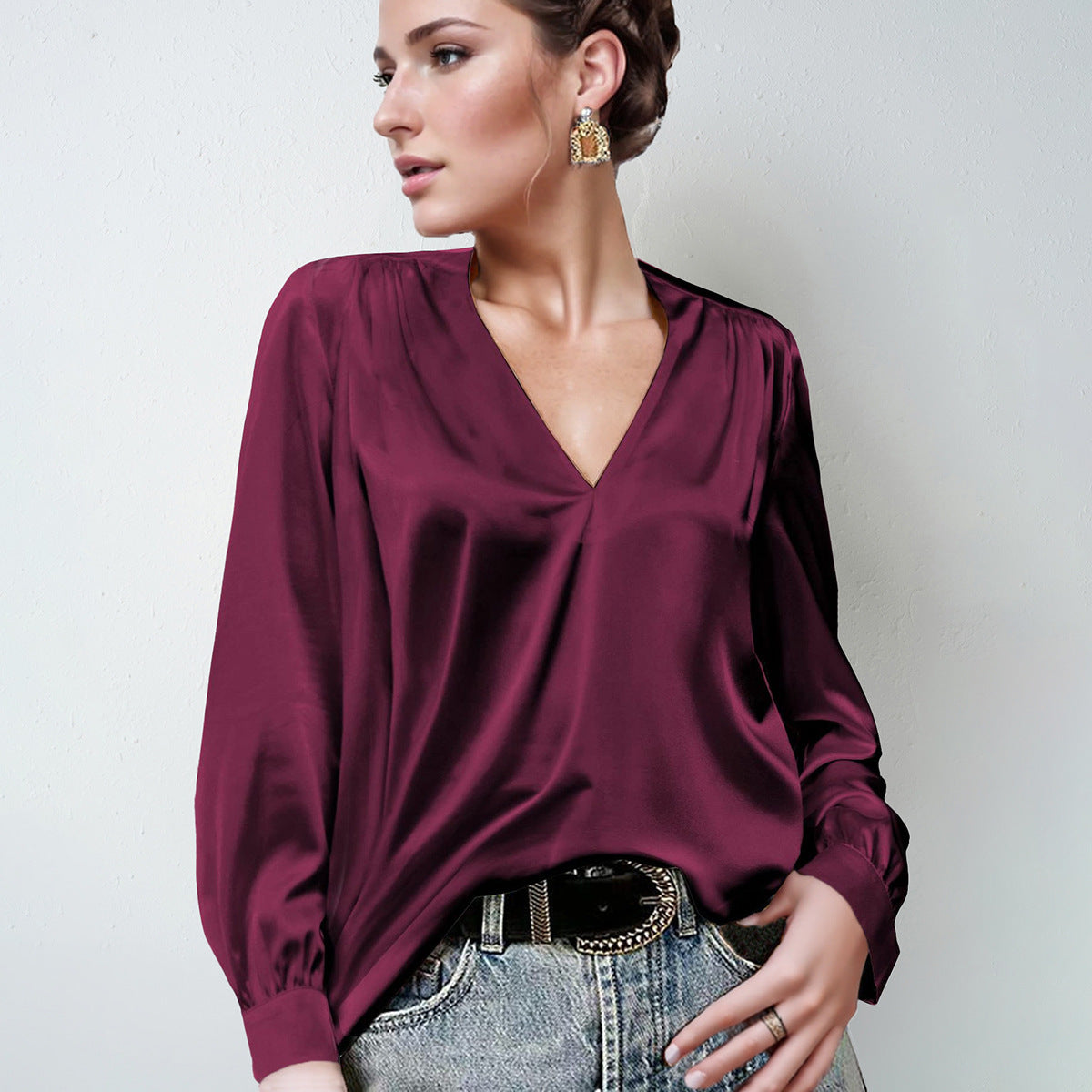 Satin Silk pretty Elegant Pleated Long-sleeved Top V-neck Casual Loose Shirt blouse tunic top shirt