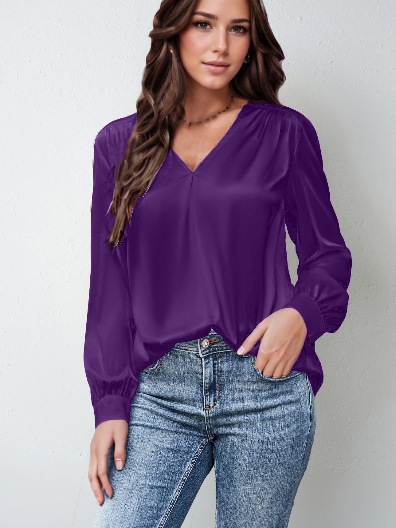 Satin Silk pretty Elegant Pleated Long-sleeved Top V-neck Casual Loose Shirt blouse tunic top shirt