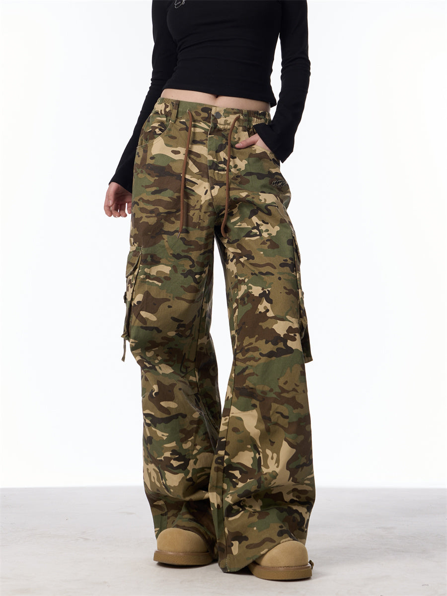 Washed Camouflage Cargo Pants Women's Loose Casual Multi-pocket Trousers