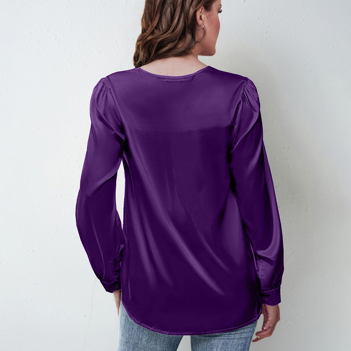 Satin Silk pretty Elegant Pleated Long-sleeved Top V-neck Casual Loose Shirt blouse tunic top shirt