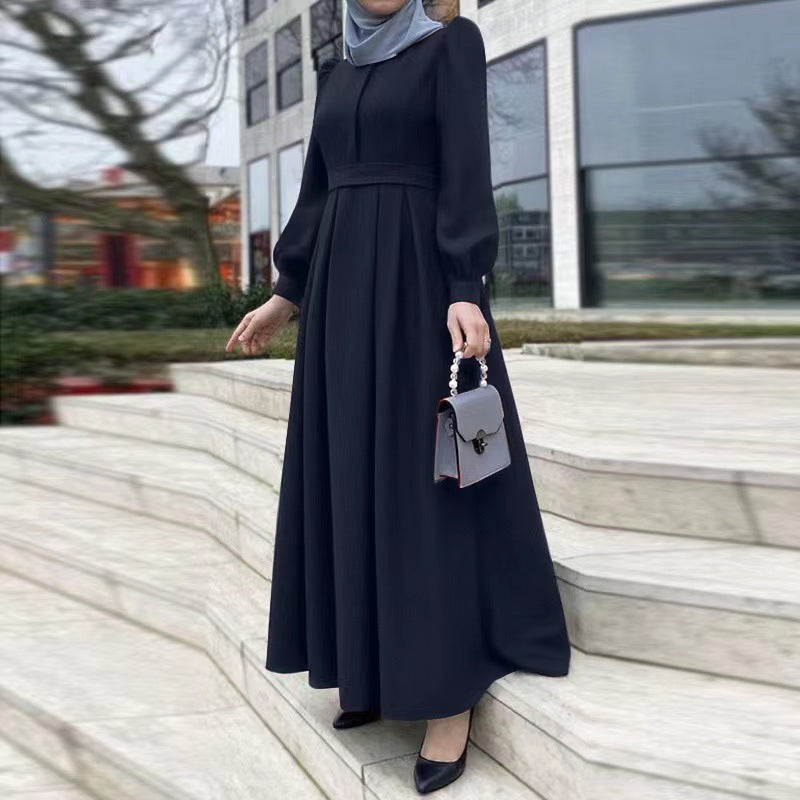 Casual Formal Loose Solid Colour Belted Zipper Muslim Long Dress ramadan abaya