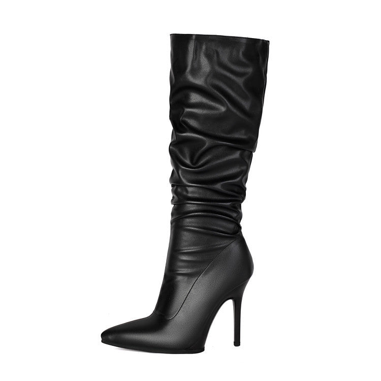 Women’s Patent Leather High Heel Calf Boots – Sexy Pointed Toe Stiletto Clubwear Under-Knee Boots Vegan PU Premium Leather booties shoes