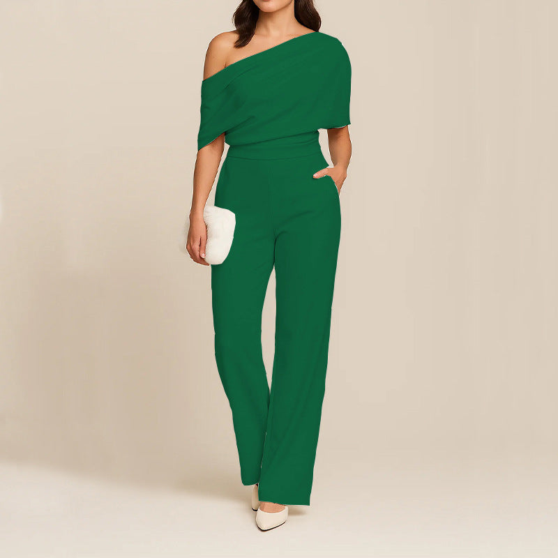 Women’s One-Shoulder Slimming Jumpsuit – Elegant Off Shoulder Twill Playsuit High Waist Full Length Outfit Party Evening Wear