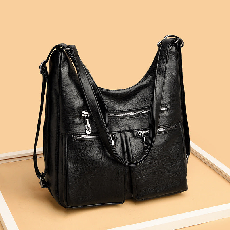 Sheepskin Pattern Washed Solid Color Large Shoulder Bag