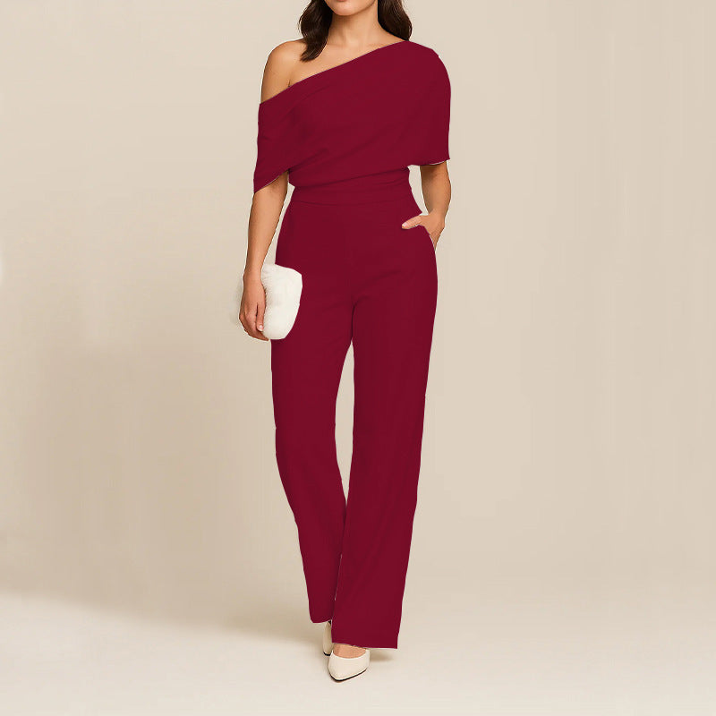 Women’s One-Shoulder Slimming Jumpsuit – Elegant Off Shoulder Twill Playsuit High Waist Full Length Outfit Party Evening Wear