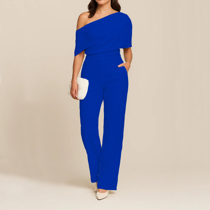 Women’s One-Shoulder Slimming Jumpsuit – Elegant Off Shoulder Twill Playsuit High Waist Full Length Outfit Party Evening Wear