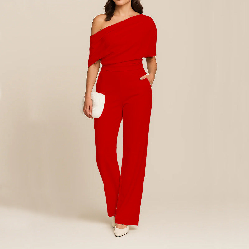 Women’s One-Shoulder Slimming Jumpsuit – Elegant Off Shoulder Twill Playsuit High Waist Full Length Outfit Party Evening Wear