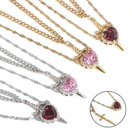 Creative Heart and Sword Couple Necklace Collarbone Chain Sword Necklace Fashion jewellery couple love necklaces hug necklace