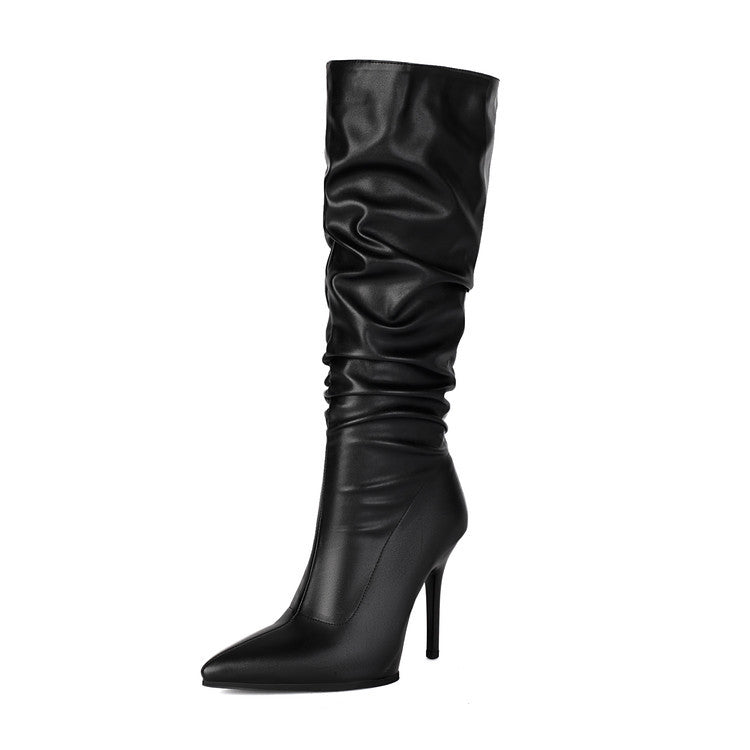 Women’s Patent Leather High Heel Calf Boots – Sexy Pointed Toe Stiletto Clubwear Under-Knee Boots Vegan PU Premium Leather booties shoes