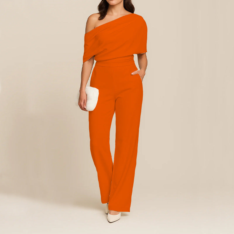 Women’s One-Shoulder Slimming Jumpsuit – Elegant Off Shoulder Twill Playsuit High Waist Full Length Outfit Party Evening Wear