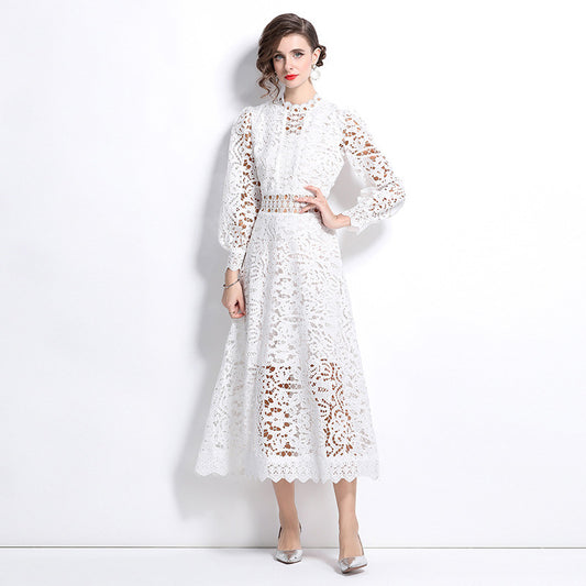 French Designer Inspired Patchwork Lace elegant Posh Ladies Long Sleeves Fashion evening holiday smart beautiful fit & flare Dress Women fashion dress