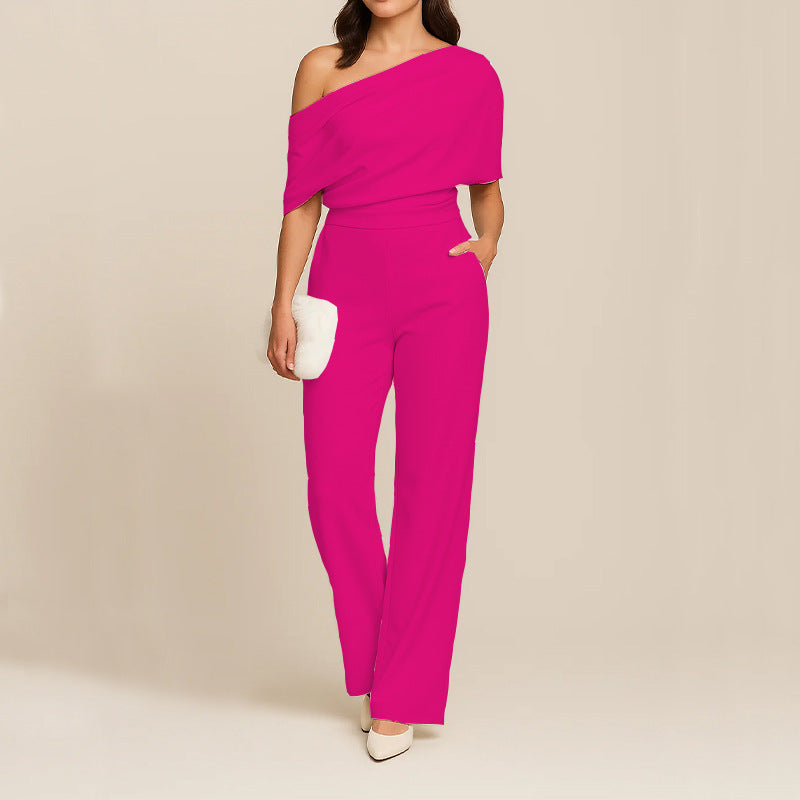 Women’s One-Shoulder Slimming Jumpsuit – Elegant Off Shoulder Twill Playsuit High Waist Full Length Outfit Party Evening Wear