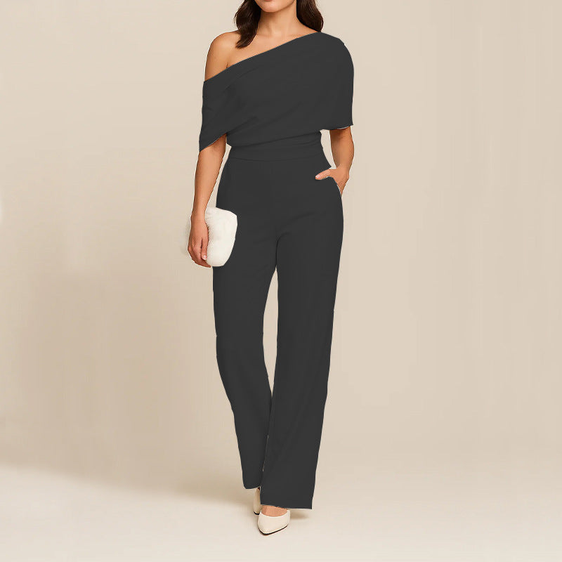 Women’s One-Shoulder Slimming Jumpsuit – Elegant Off Shoulder Twill Playsuit High Waist Full Length Outfit Party Evening Wear