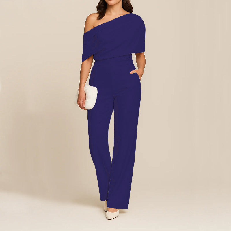 Women’s One-Shoulder Slimming Jumpsuit – Elegant Off Shoulder Twill Playsuit High Waist Full Length Outfit Party Evening Wear